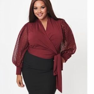 Women's Unique Vintage Burgundy & Gold Dot Giselle Wrap Top, Size 1X